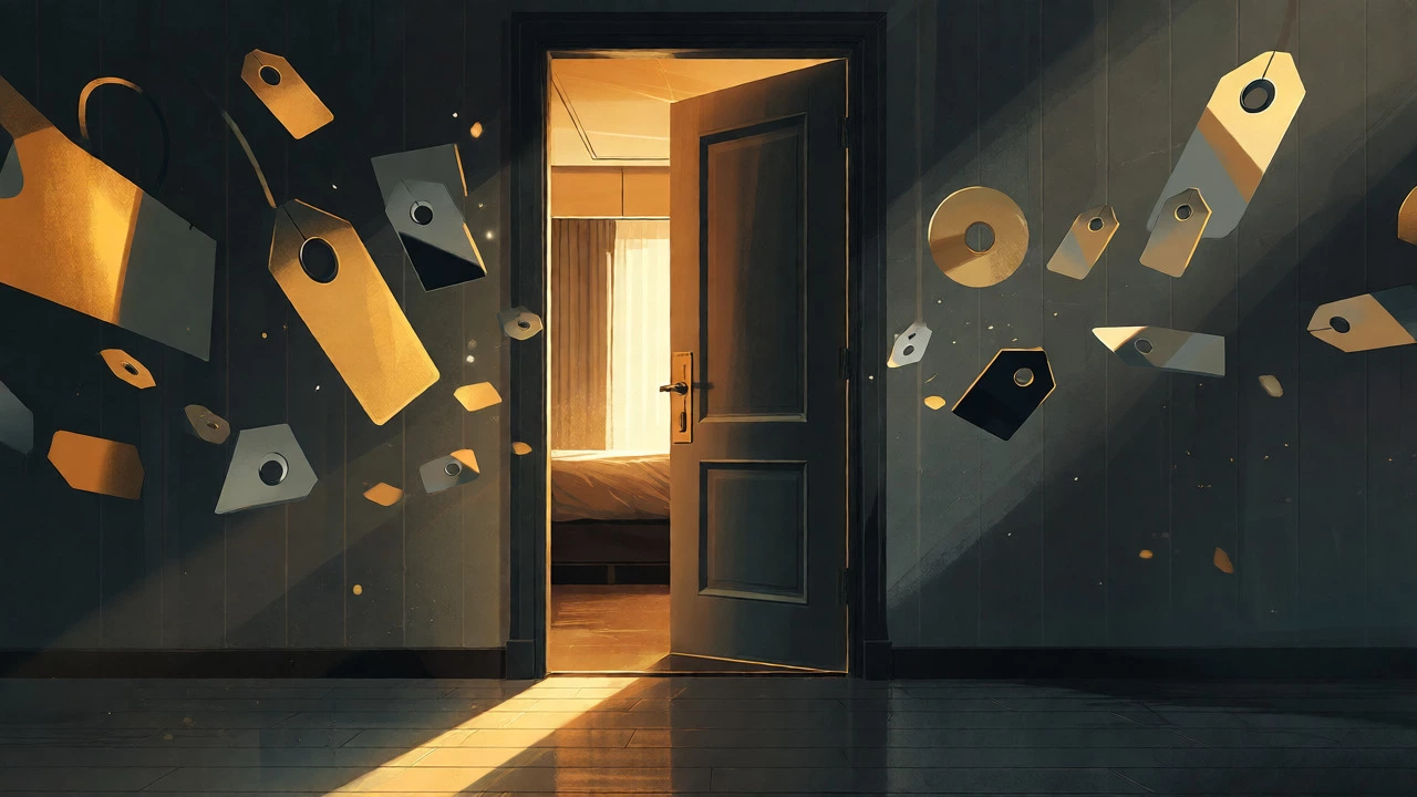 A hotel room door opening to warm light amidst abstract price symbols