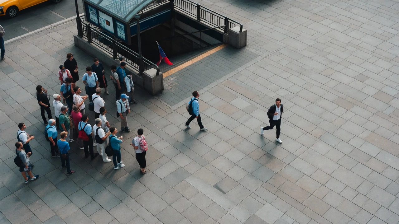 An aerial view of a traveler walking away from a city tour group.