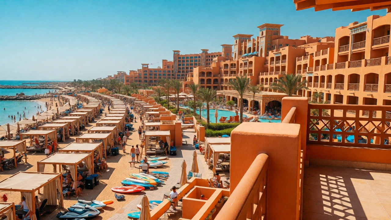 Busy Egyptian Red Sea resort beach with water sports activities