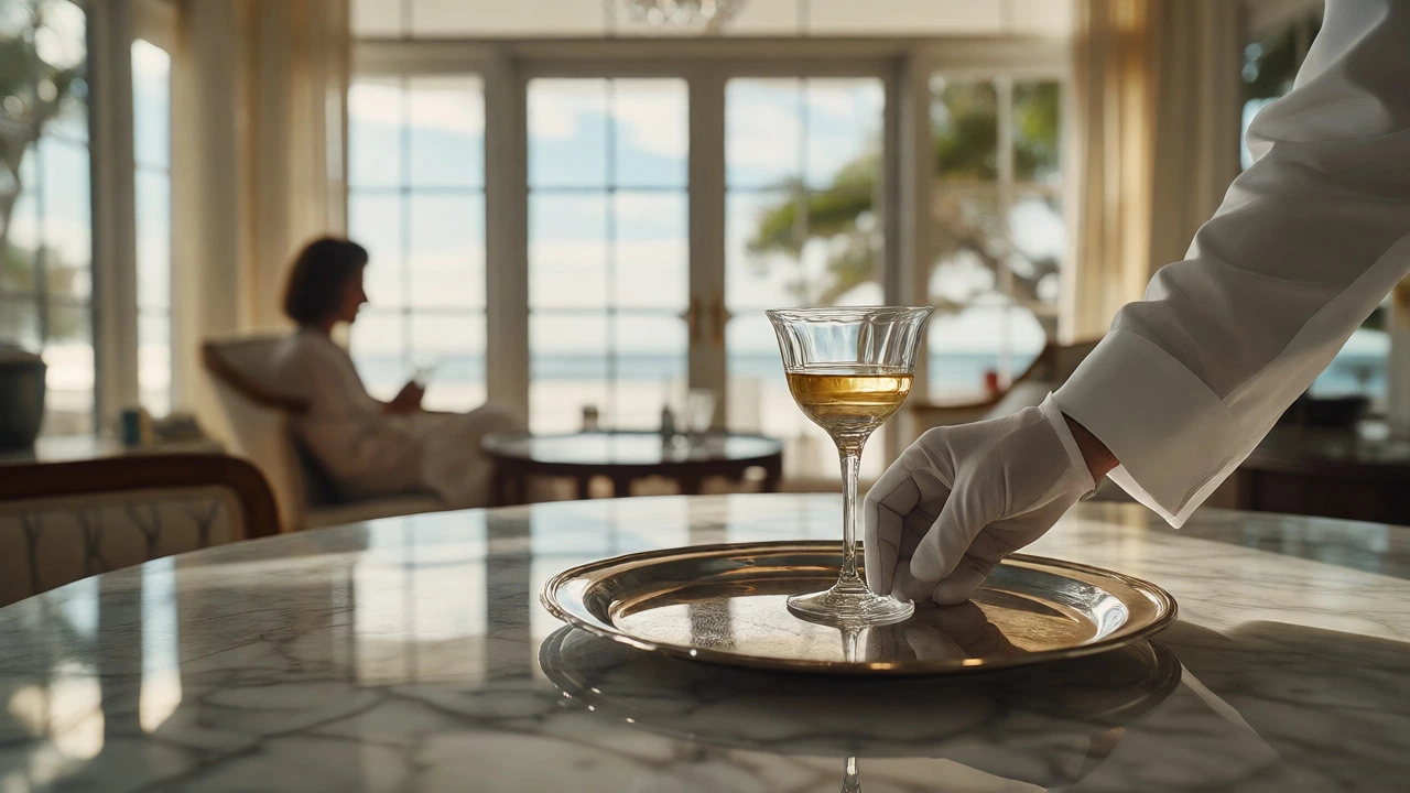 Butler serving wine in a sunlit luxury suite