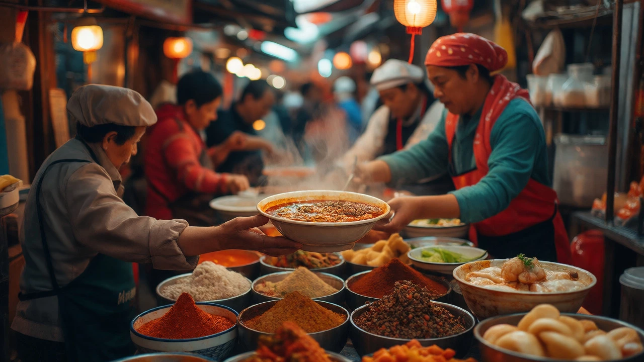 Close-up of steaming street food in a vibrant, crowded urban market setting.