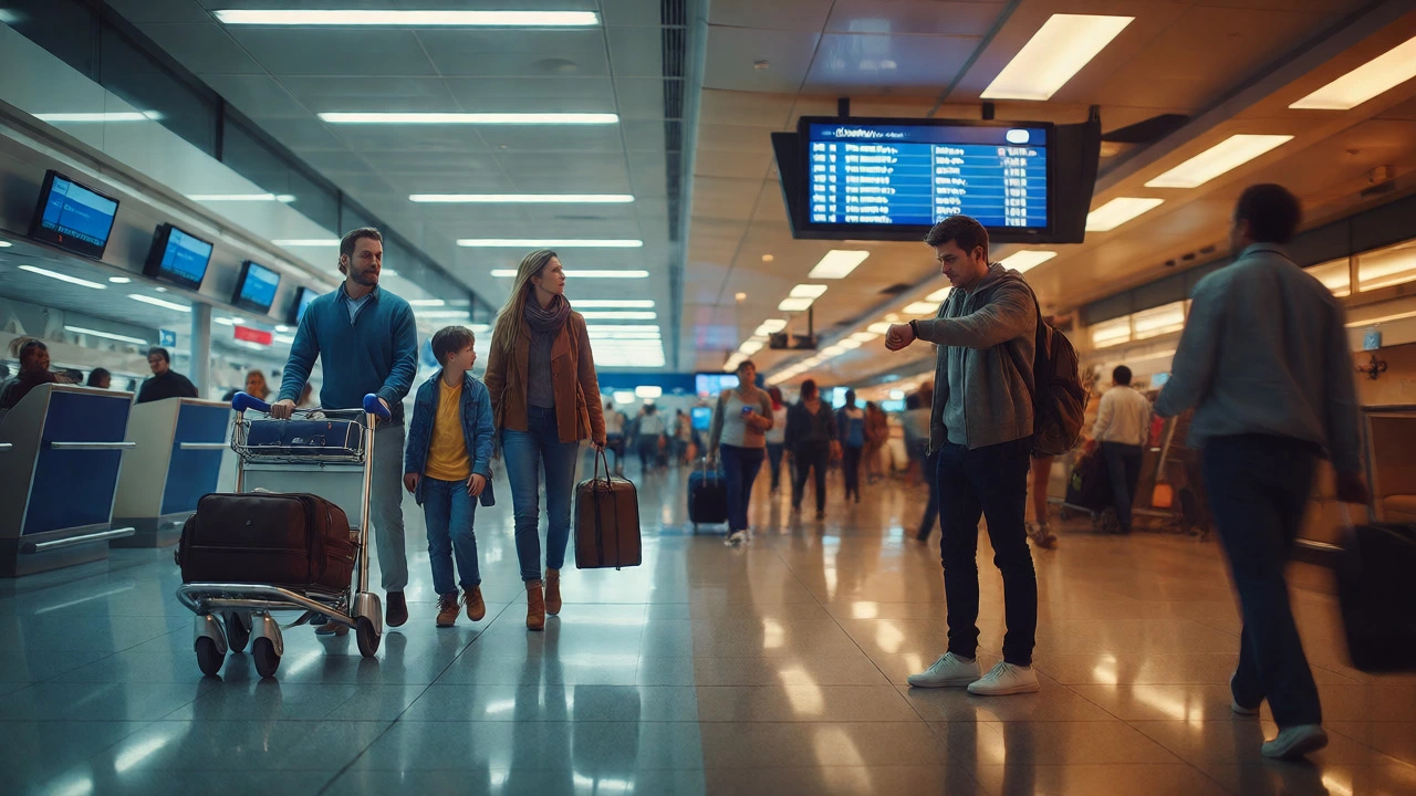 Contrasting calm travelers and stressed individuals in an airport terminal