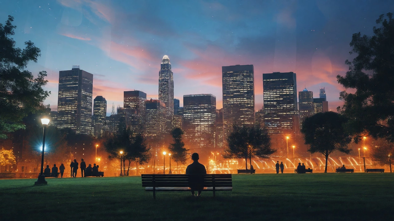 Double exposure of a person resting in a park merged with a city skyline.