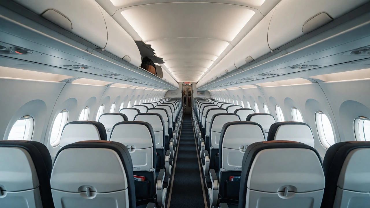 Empty airplane cabin aisle with daylight, symbolizing low-demand mid-week travel.