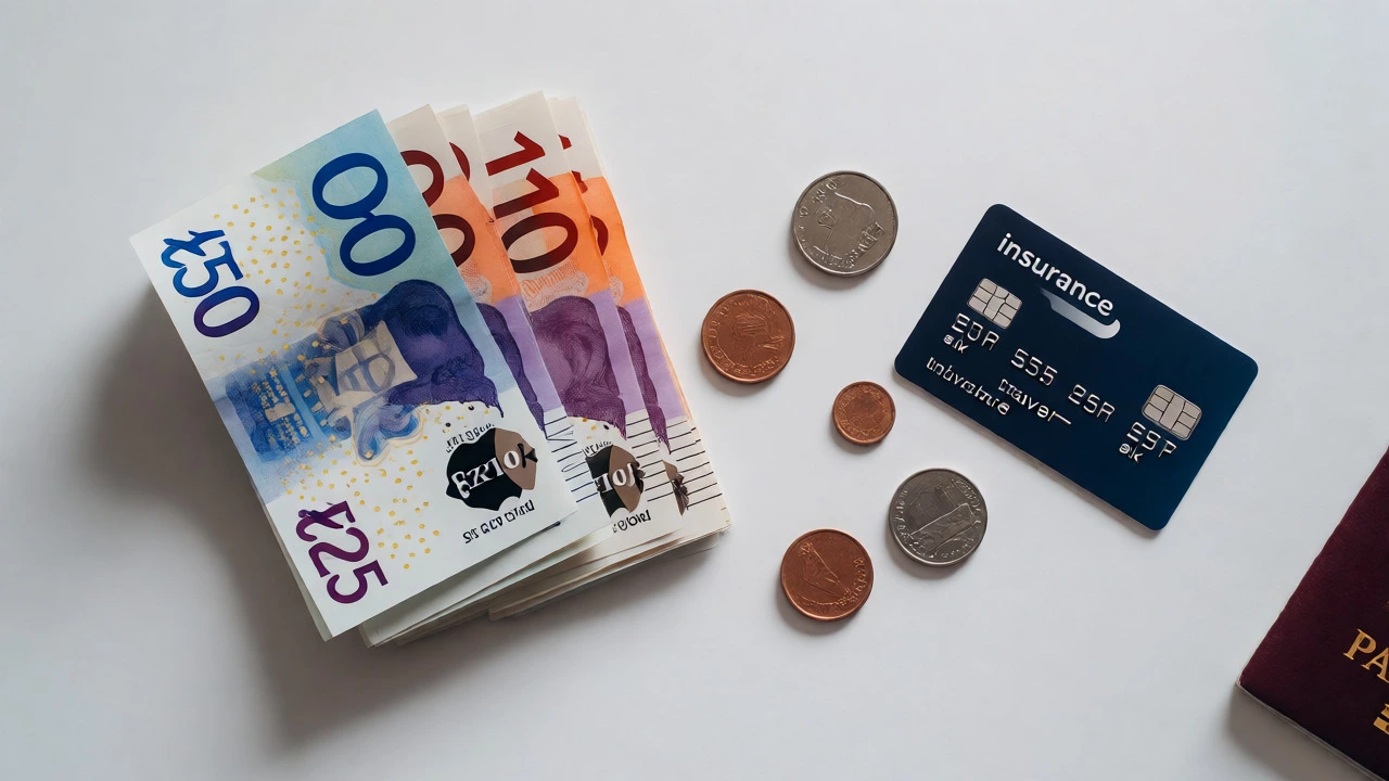 Flat lay of British pounds, coins, and travel cards