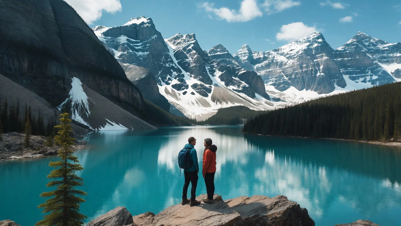 Hiking couple overlooking turquoise Lake Louise in Banff