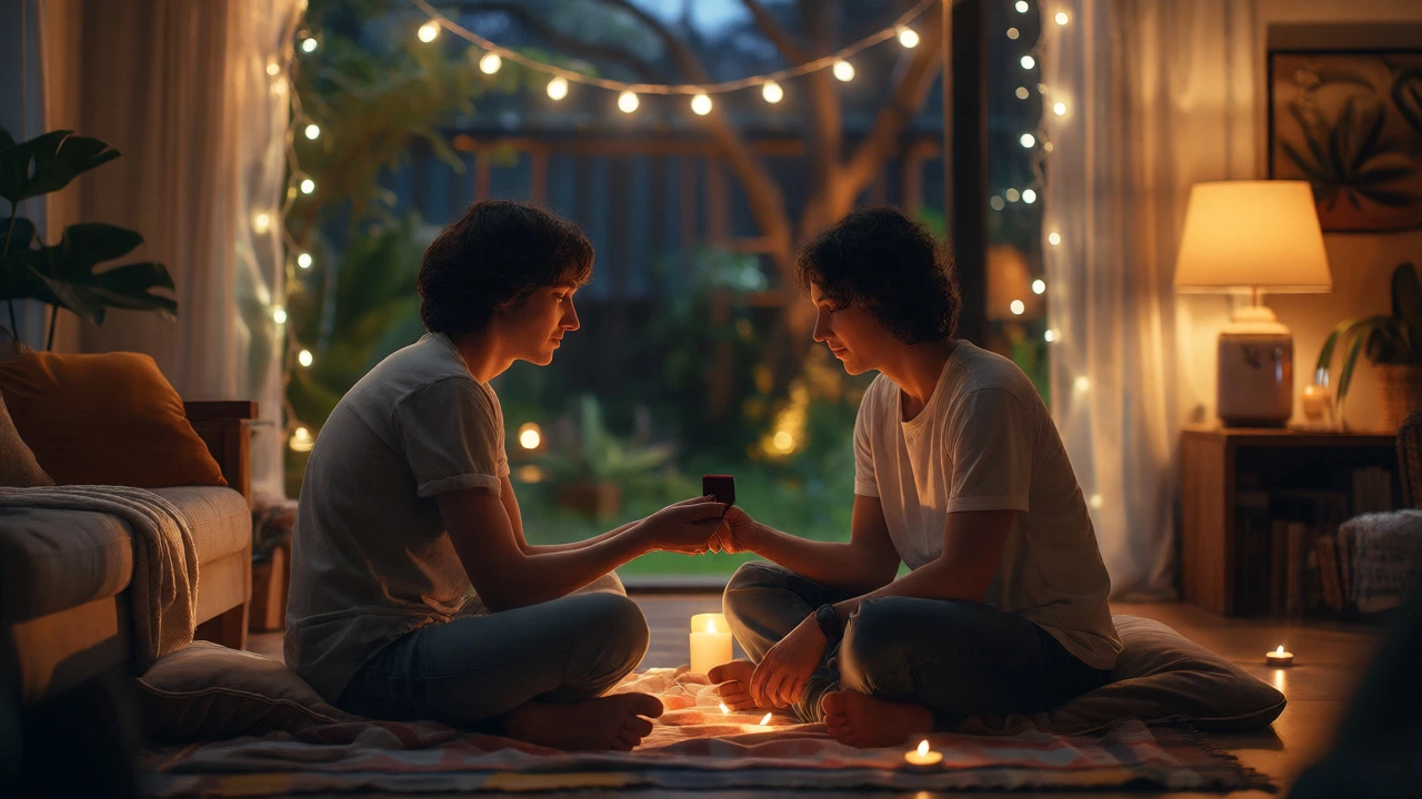 Intimate proposal with fairy lights in a cozy backyard