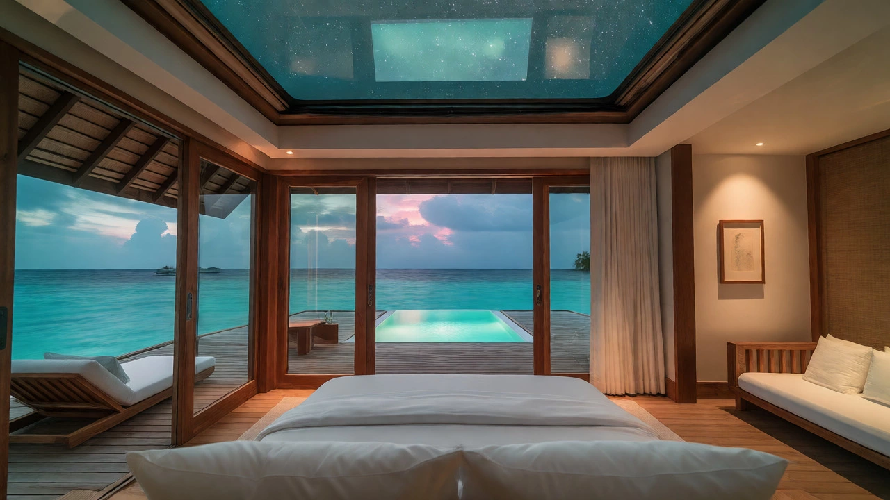 Luxury overwater villa with open roof under stars