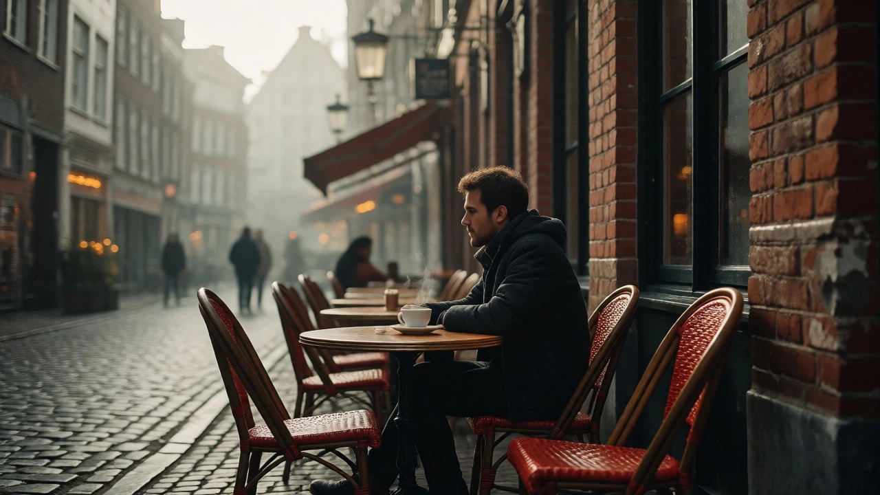 Relaxed traveler enjoying coffee at a quiet canal-side cafe in the morning