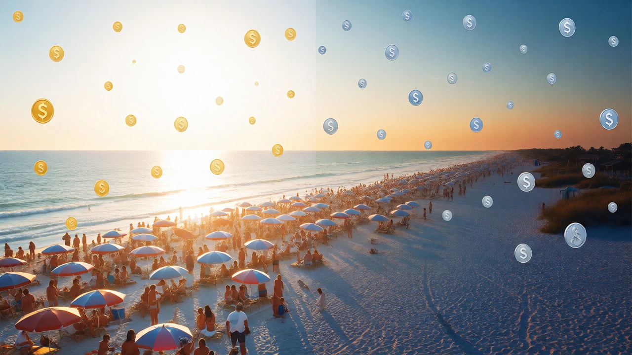 Split view of a crowded expensive beach versus a quiet affordable shoulder-season beach.