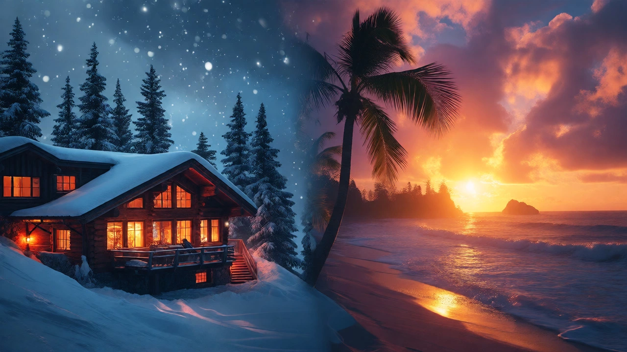 Split view showing snowy alpine peaks and a tropical sunset, illustrating winter travel choices.