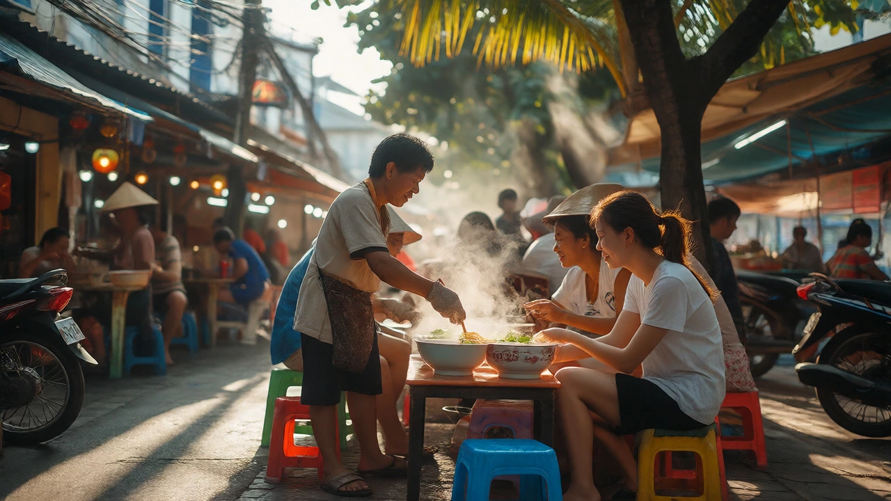 Street food vendors serving Pho to tourists in coastal Vietnam