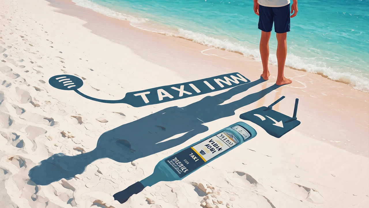 Surreal conceptual image of Cuban beach traveler with cost shadows