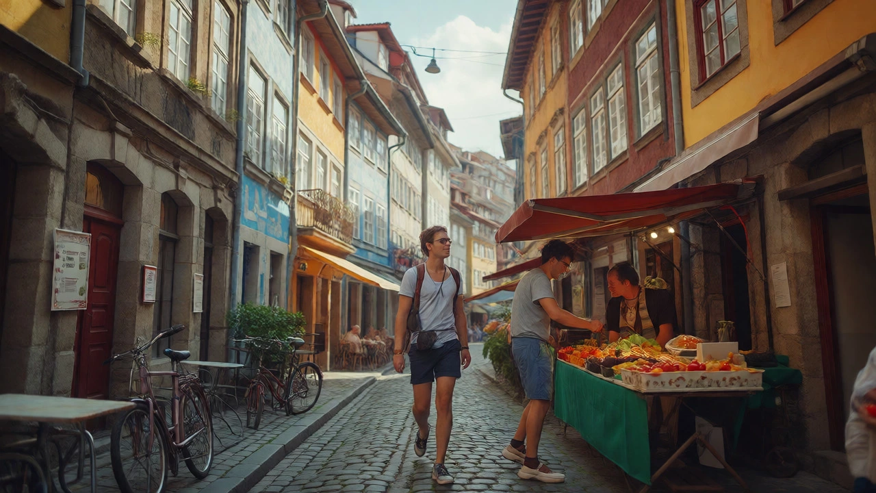 Traveler exploring a quiet, colorful European street with local cafes and street food stalls.