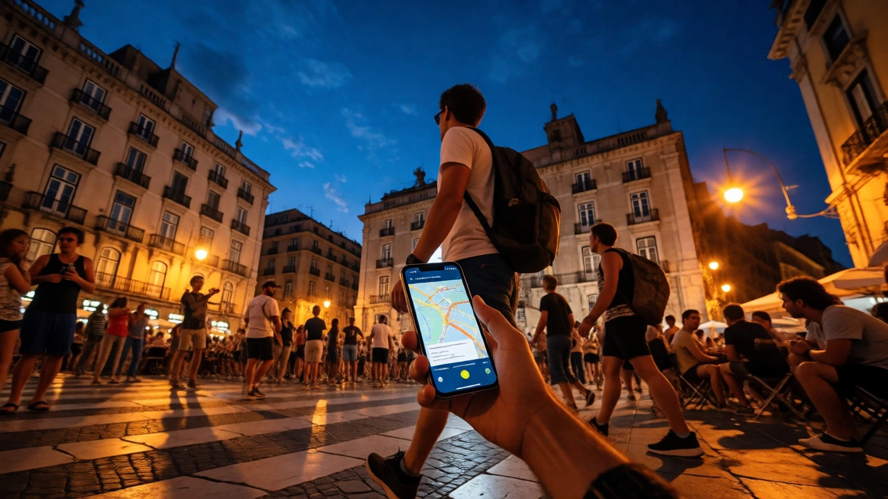 Traveler navigating a vibrant European city square at twilight