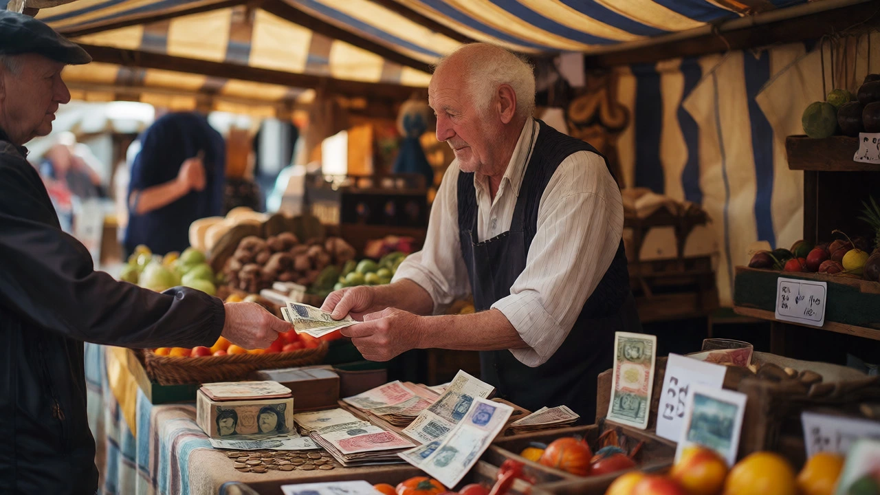 Vendor accepting cash at a traditional English market stall